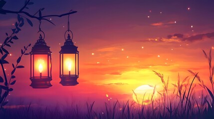 Wall Mural - Glowing Ramadan lanterns under a stunning sunset background, peaceful evening atmosphere, extra space is provided for text