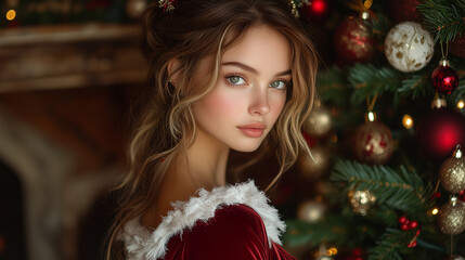 Young woman with festive expression in a Christmas setting