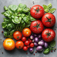 Wall Mural - Vibrant fresh tomatoes and basil on a grey background