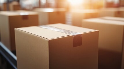 Wall Mural - Cardboard boxes on an assembly line in a factory with warm lighting showcasing modern logistics and packaging operations.