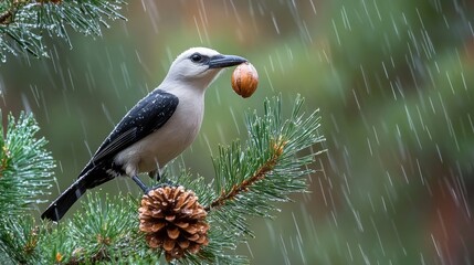 Wall Mural - Clark's Nutcracker perched on evergreen tree branch holding a pine nut in its beak during a rainy day in a natural forest setting