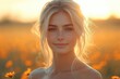 © Vesna - serene portrait of young woman bathed in golden sunlight with wildflowers and mountain vista natural beauty captured in soft focus during magic hour