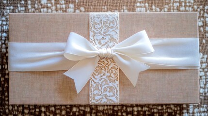 Wall Mural - Elegant gift box with white ribbon and lace detailing showcasing space for a personalized signature on a textured background.