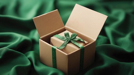 Wall Mural - Cardboard Box with Green Ribbon on Velvet Background for Celebratory Gift Marketing and Advertising Concept