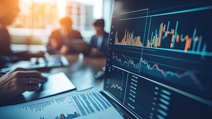 Aufkleber - Modern Digital Data Analytics Interface with Business Professionals Collaborating in Background