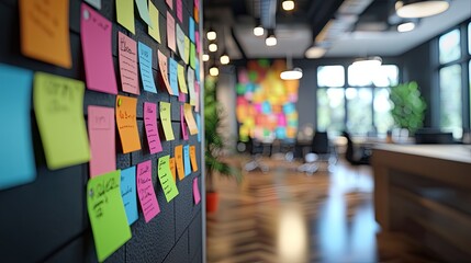 Poster - Colorful Sticky Notes on Wall in Modern Office Space with Blurred Background and Contemporary Design Elements