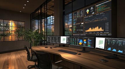 Fototapete - Modern Data Visualization Workspace with Multiple Screens and Natural Light in Contemporary Office Environment