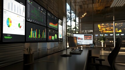 Poster - Modern office space with multiple monitors displaying data analytics and financial graphs in a contemporary workspace