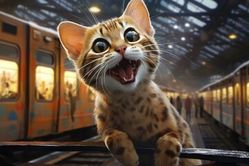 Wall Mural - Portrait of a happy cheetoh cat isolated in modern city train station