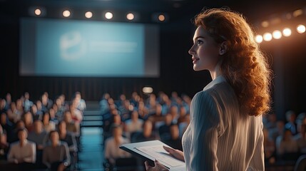 Aufkleber - Professional Speaker Engaging an Audience at a Conference with Dramatic Lighting and Presentation Visuals