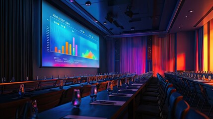 Fototapete - Modern Conference Room with Data Visualization on Screen and Stylish Ambient Lighting for Business Events