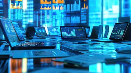 Aufkleber - Modern Office Workspace with Multiple Laptops Displaying Data Analysis and Financial Charts in Blue Tones