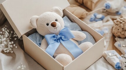 Baby boy gift box with teddy bear and accessories for new parents hospital arrival celebration child care package concept.