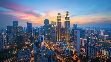  Vibrant City Skyline at Dusk Featuring Towering Skyscrapers and Illuminated Streets in an Urban Landscape