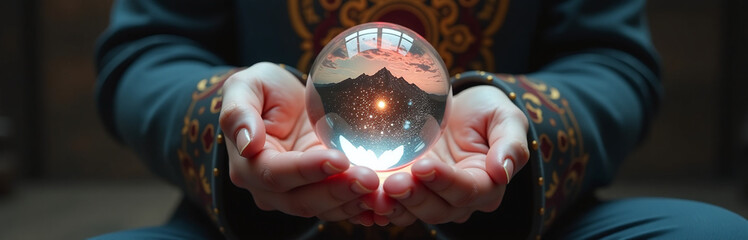 a crystal orb floats in the hands of a mystic fortune teller who reads the future with eerie accurac