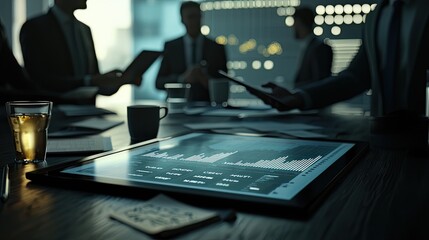 Aufkleber - Business Meeting with Digital Tablet Displaying Financial Data and Professionals Engaged in Discussion in Darkened Office Environment