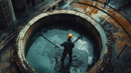 Wall Mural - A man in a yellow helmet is standing in a large, murky pool of water