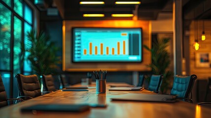 Aufkleber - Modern Conference Room with Data Visualization Displayed on Screen and Stylish Wooden Table with Office Supplies