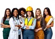 © Syuhuud - Female Jobs. Various women in their work uniforms posing on blue background, diverse happy multiethnic ladies representing different professions standing on white background. Labor day concept.