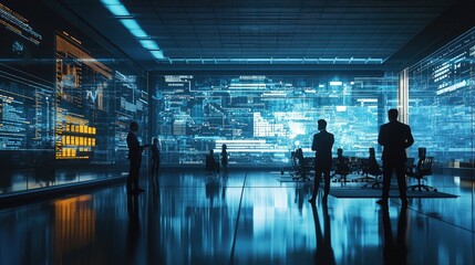 Fototapete - High-tech conference room with digital projections and silhouettes of business professionals in a modern workspace