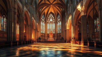 A grand Gothic cathedral with sunlight from rose windows casting vibrant shadows