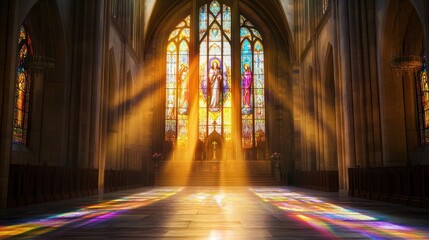 A large stained glass window of the Ascension of Christ casting vibrant reflections across the stone floor