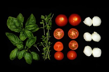 Wall Mural - Top view of Caprese salad with tomatoes mozzarella basil and herbs against a black backdrop