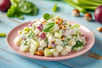 Sticker - Waldorf salad with celery apples grapes spinach hazelnuts and yogurt dressing on a pink plate atop a blue table with space for text