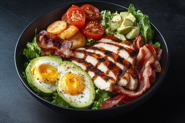 Wall Mural - American cuisine Cobb salad featuring avocado bacon tomato grilled chicken and eggs on a dark grey backdrop Nutritious option Keto friendly