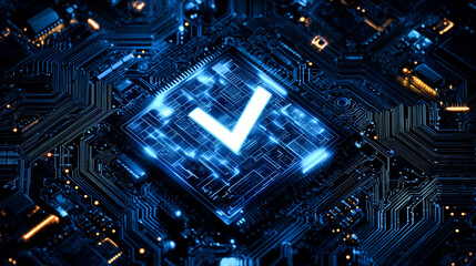 Glowing Check Mark on Futuristic Circuit Board: Digital Success and Technological Advancement