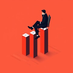 Wall Mural - A businessman sits on a chair atop three rising bars, symbolizing growth and success against a vibrant orange background.