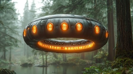 Wall Mural - ufo hovering over misty forest lake, science fiction scene, digital artwork, perfect for film, game 