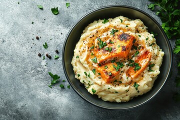 Wall Mural - Bowl of delicious mashed sweet potato with parsley on a textured grey table top view