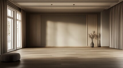 Wall Mural - Serene Interior, Minimalist Room with Wood Paneling, Neutral Palette, and Soft Lighting