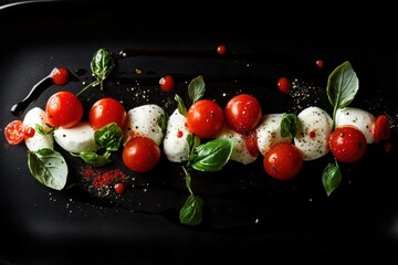 Wall Mural - Caprese salad with basil and herbs on a black background featuring tomatoes and mozzarella Overhead view