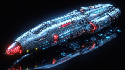 Wall Mural - futuristic spaceship design, dark background, glowing interface, digital reflection, sci-fi concept 