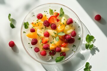 Sticker - clear dish of fruit salad on white surface