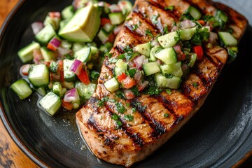 Wall Mural - Close up of a plate featuring grilled tuna steak topped with avocado and cucumber salsa viewed from above