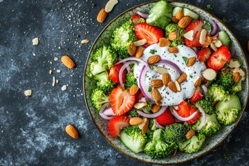 Wall Mural - Close up of a plate of vegetarian broccoli salad featuring strawberries red onions almonds and yogurt viewed from above