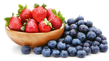 Wall Mural - Fresh strawberries in a wooden bowl and a pile of blueberries.  A vibrant and healthy image perfect for recipes, health blogs, or food advertising.