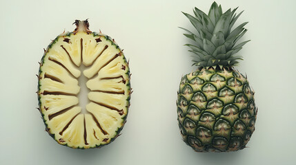 Canvas Print - A whole pineapple and a cross-section of a pineapple are placed side-by-side on a white background. The image is simple, clean, and highlights the fruit's texture and color.