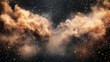 © Sahraya - Dust explosion with white rectangle banner. Splashes of brown powder isolated on transparent background. Vector realistic clouds of sand or dry dirt, burst effect with copy space for text