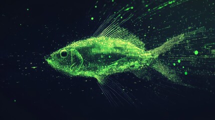 glowing neon green fish silhouette in digital abstract style with falling data code and pixelated gl