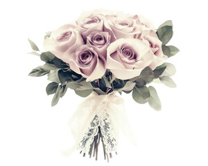 Beautiful lavender rose bouquet with green foliage on a white background.