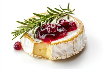 Wall Mural - Delicious baked brie with rosemary fruits and jam on white background