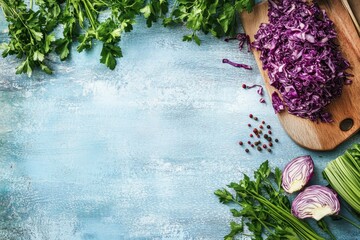 Poster - Delicious red cabbage ferment with parsley on a pale blue wooden surface