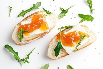 Wall Mural - Delicious sandwich featuring brie and apricot jam on a white background overhead angle