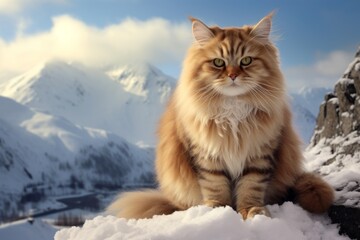 Sticker - Portrait of a funny british longhair cat in pristine snowy mountain