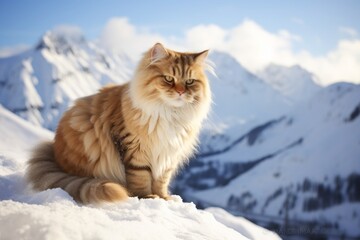 Sticker - Portrait of a funny british longhair cat on pristine snowy mountain