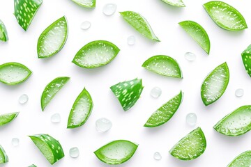 Sticker - Fresh Aloe vera leaves and slices on a white backdrop